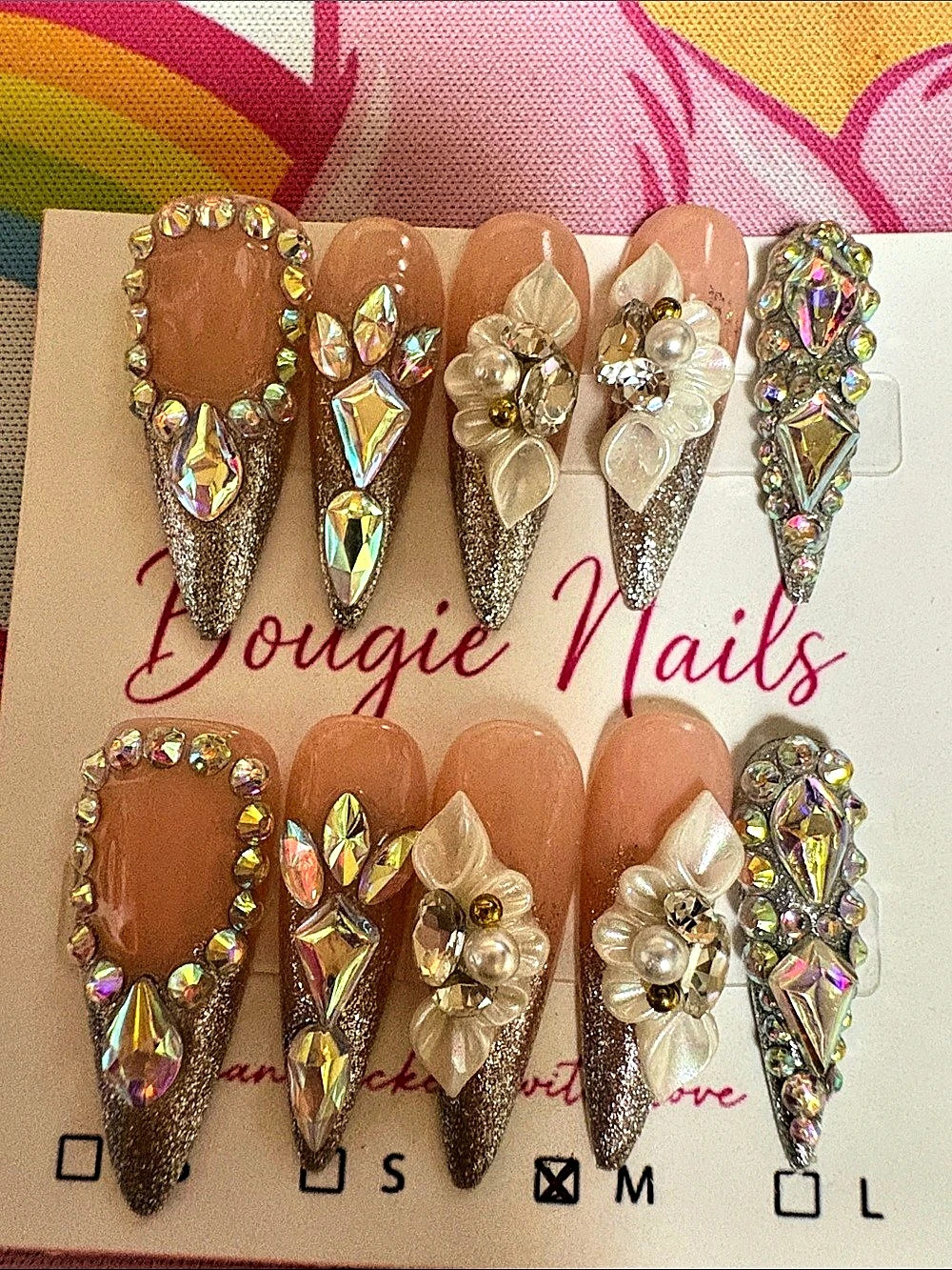 Dougie Nails Rhinestone Floral Press-On Nails Pink & Gold M NWT